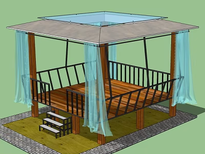Garden Pavilion With Wooden Floor Black Railings Light Blue Curtains Glass Roof And Steps 3d model