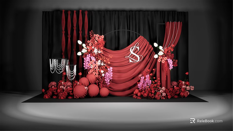 Elegant Wedding Decor With Red Drapery Black Background And Floral Arrangements 3d model