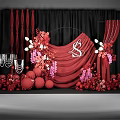 Elegant Wedding Decor With Red Drapery Black Background And Floral Arrangements 3d model