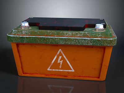 Car Battery With Orange Green Casing Black Top Cover Silver Terminals And Lightning Symbol 3d model