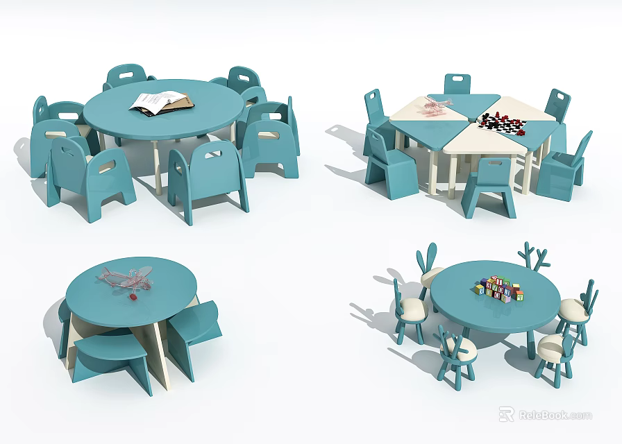 Kids Table Set with Round Square Shapes Blue White Chairs and Toys Books 3d model 