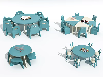Kids Table Set with Round Square Shapes Blue White Chairs and Toys Books 3d model