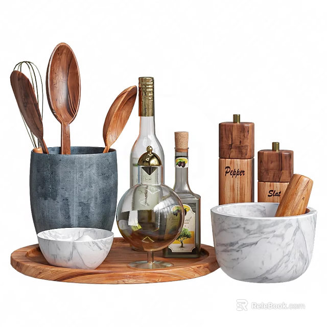 Wooden Cooking Utensils With Marble Bowl Salt Pepper Shakers And Oil Bottle On Tray 3d model 