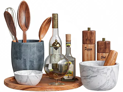 Wooden Cooking Utensils With Marble Bowl Salt Pepper Shakers And Oil Bottle On Tray 3d model