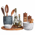 Wooden Cooking Utensils With Marble Bowl Salt Pepper Shakers And Oil Bottle On Tray