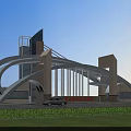 Modern Entrance Gate with Arch Design Tower Structures Red Signs Green Lawn and Cars