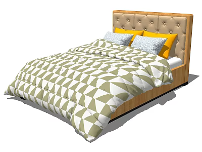 Double Bed with Wooden Tufted Headboard and Green White Geometric Quilt Plus Pillows 3d model