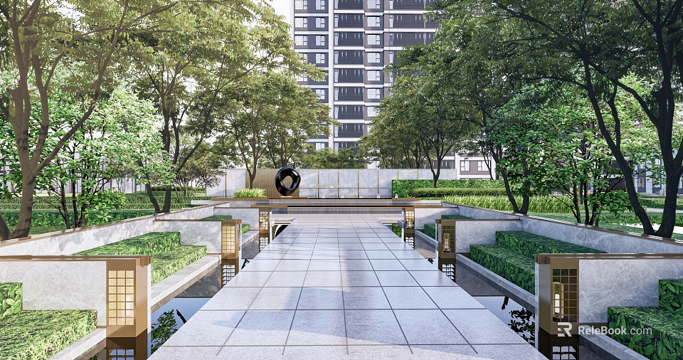 Decorative Scenic Wall In Community With Circular Decoration Lanterns Trees And High Rise Buildings 3d model 