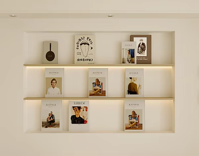 Stylish Books and Magazines Display On White Shelf With Various Cover Designs And Portrait 3d model