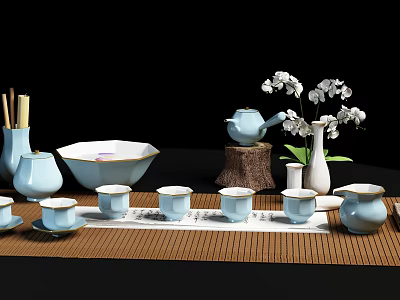 Light Blue Tea Set with Teapot Teacups on Bamboo Mat and White Orchids 3d model