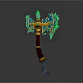 Mythical Enchanted Axe With Green Flames Yellow Red Handle And Blue Chain