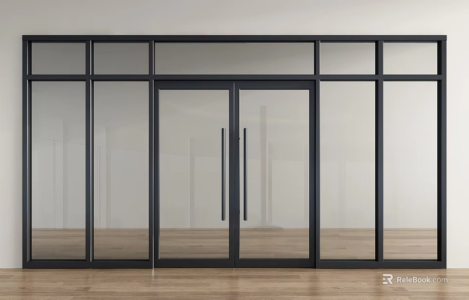 Modern Black Frame Double Glass Doors With Wooden Floor And White Wall 3d model 