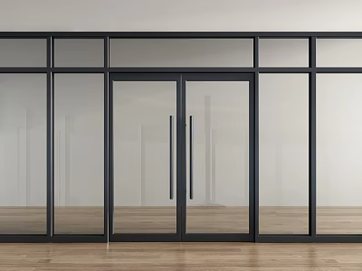 Modern Black Frame Double Glass Doors With Wooden Floor And White Wall 3d model