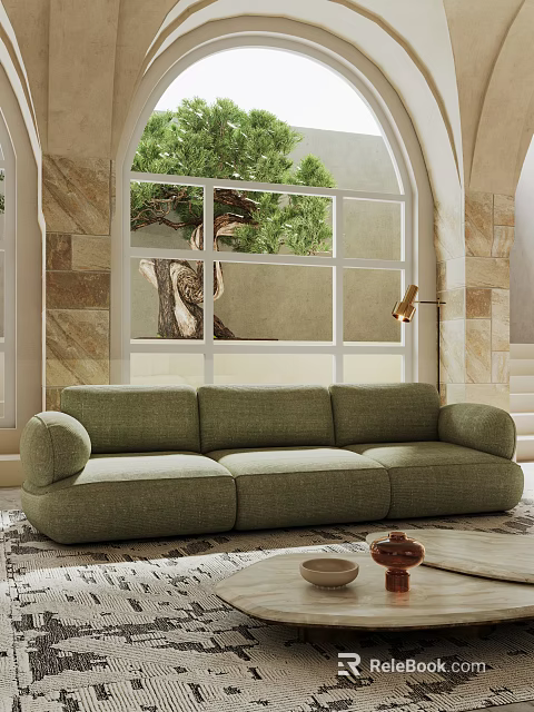 Green Sectional Sofa with Arched Window Tree Outside Stone Wall Floor Lamp and Rug 3d model 