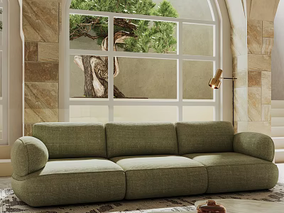 Green Sectional Sofa with Arched Window Tree Outside Stone Wall Floor Lamp and Rug 3d model