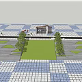 Modern Outdoor Stairs With Green Lawn Symmetric Trees And Paved Plaza
