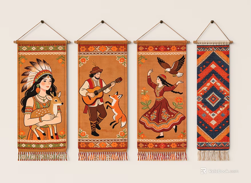 Colorful Ethnic Wall Hangings With Traditional Figures Animals And Geometric Patterns 3d model 
