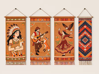Colorful Ethnic Wall Hangings With Traditional Figures Animals And Geometric Patterns 3d model