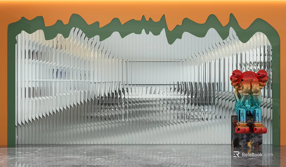 Background Wall With Orange Green Wavy Top Silver Folded Striped Structure Red Blue Decorative Ornaments 3d model 