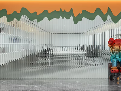 Background Wall With Orange Green Wavy Top Silver Folded Striped Structure Red Blue Decorative Ornaments 3d model