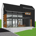 Modern Guesthouse Exterior Design With Black Roof Glass Windows And Outdoor Lawn Area