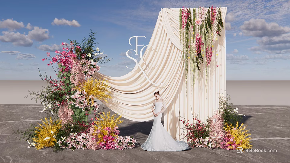 Wedding Photo Spot With Beige Drape Floral Decor And Bride In White Dress 3d model 