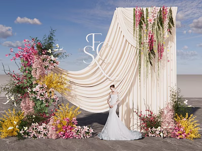 Wedding Photo Spot With Beige Drape Floral Decor And Bride In White Dress 3d model
