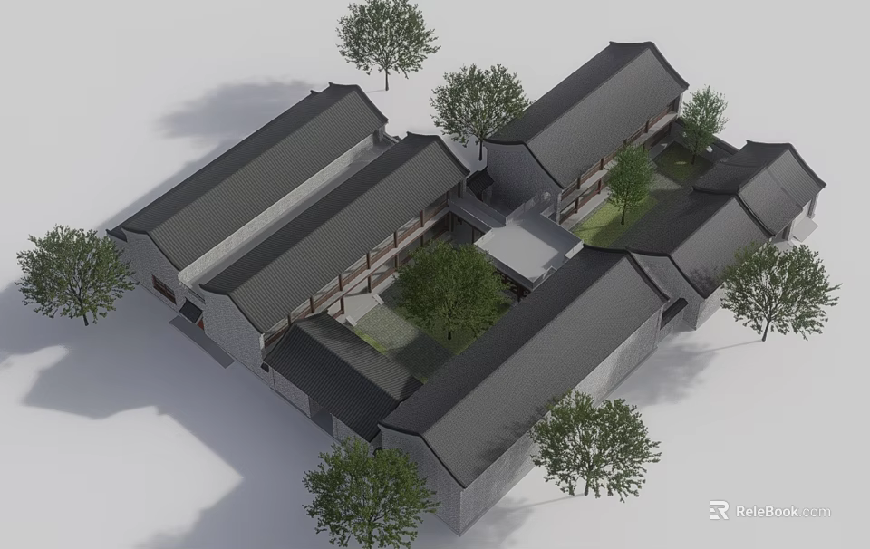Traditional Chinese Ancient Architecture Classic Gray Roofs Courtyard Layout With Surrounding Trees 3d model 