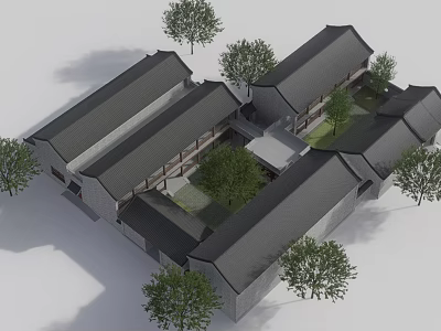 Traditional Chinese Ancient Architecture Classic Gray Roofs Courtyard Layout With Surrounding Trees 3d model