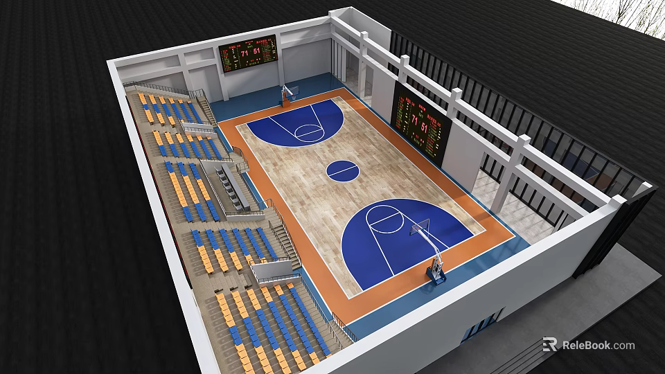 Spacious Modern Basketball Gym Interior With Full Size Court Spectator Seats And Digital Scoreboards 3d model 
