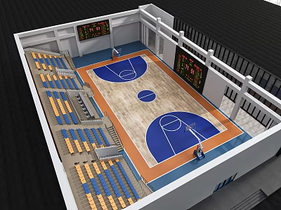 Spacious Modern Basketball Gym Interior With Full Size Court Spectator Seats And Digital Scoreboards 3d model