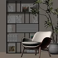 Stylish Modern Bookcase With Layered Shelves Built in Lighting Books Cozy Armchair And Green Plant