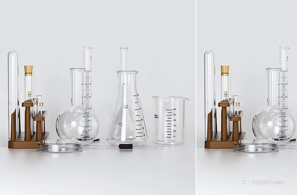 Laboratory Glassware Collection With Beakers Flasks Test Tubes And Wooden Stands 3d model 