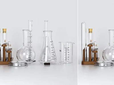 Laboratory Glassware Collection With Beakers Flasks Test Tubes And Wooden Stands 3d model