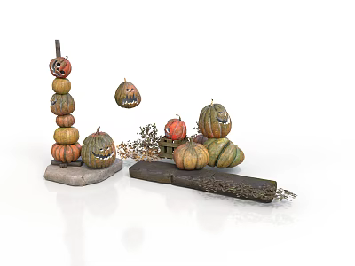 Tower Of Stacked Carved Halloween Pumpkins With Smiley Faces And Hay Decorations 3d model