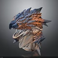 Fantasy Creature Head Sculpture With Vibrant Blue Orange Scales Open Mouth And Sharp Teeth