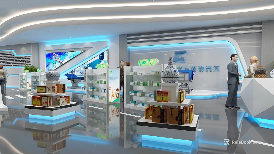 Modern Logistics Park Exhibition Hall With Product Shelves And Digital Screens 3d model 