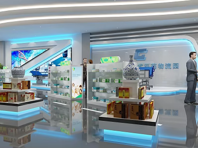 Modern Logistics Park Exhibition Hall With Product Shelves And Digital Screens 3d model