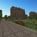 Brown Exterior Residential Building With Lush Greenery Garden Pathway Benches And Clear Blue Sky