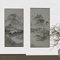 Traditional Ink Wash Landscape Paintings With Golden Frames Mountain And Tree Scenery For Wall Decor