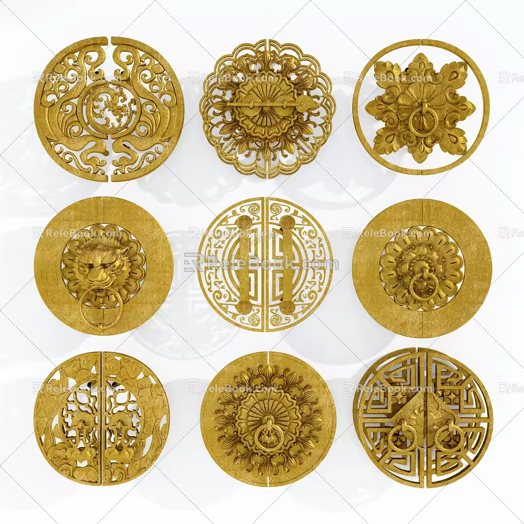 Chinese style door handle carved handle door handle 3d model