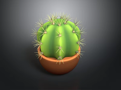 Healthy Green Spherical Cactus Plant with Sharp Thorns in Brown Ceramic Pot 3d model