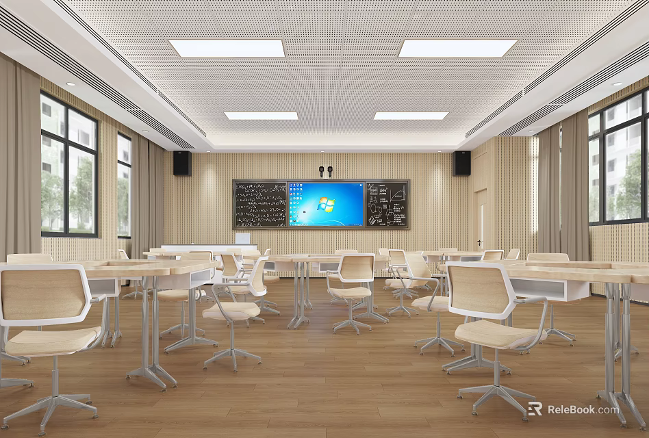 Modern Classroom Interior With Tables Chairs Large Screen Blackboard And Wooden Floor 3d model 