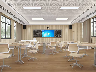 Modern Classroom Interior With Tables Chairs Large Screen Blackboard And Wooden Floor 3d model