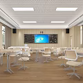 Modern Classroom Interior With Tables Chairs Large Screen Blackboard And Wooden Floor