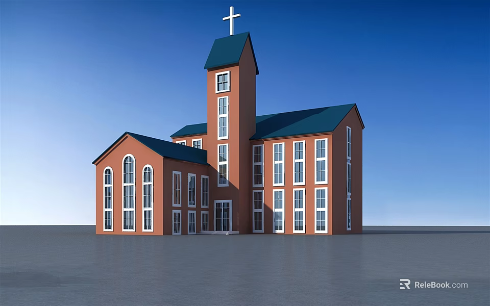 Christian Religious Building Red Brick Church With Cross Tower Green Roof And Windows 3d model 