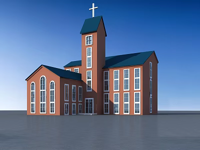 Christian Religious Building Red Brick Church With Cross Tower Green Roof And Windows 3d model