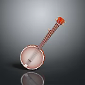 Acoustic Banjo With Round Wooden Body And Metal Strings On Dark Background With Reflection