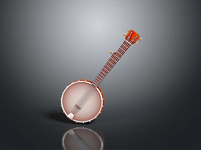 Acoustic Banjo With Round Wooden Body And Metal Strings On Dark Background With Reflection 3d model