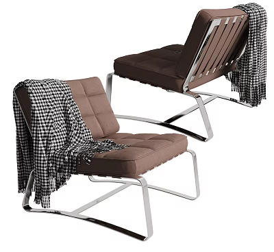 Modern Leisure Chairs With Brown Upholstery Black And White Checkered Blanket And Metal Frame 3d model